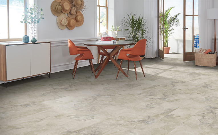 stone look luxury vinyl tile flooring in bohemian dining area